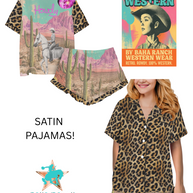 Baha Ranch Retro Pop Western Leopard Desert Cowgirl Satin Pajamas