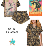 Baha Ranch Retro Pop Western Leopard Cowgirl Satin Pajamas