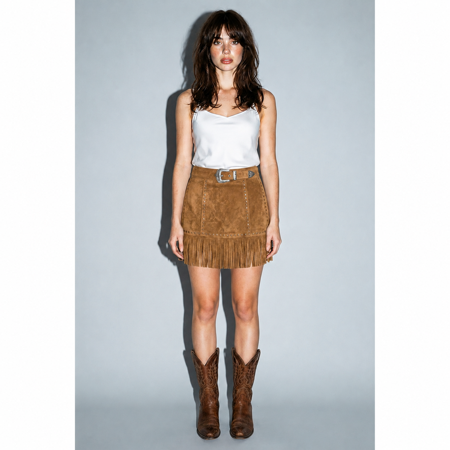 Faux Suede Star Fringe Mini Skirt, Camel