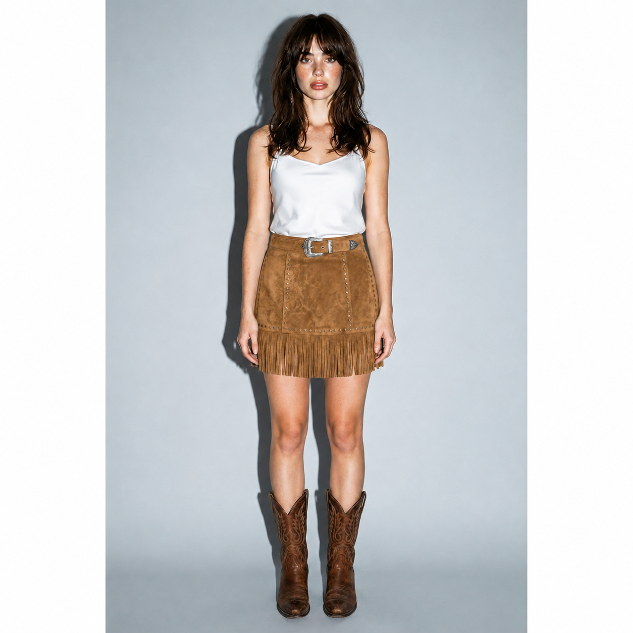 Faux Suede Star Fringe Mini Skirt, Camel