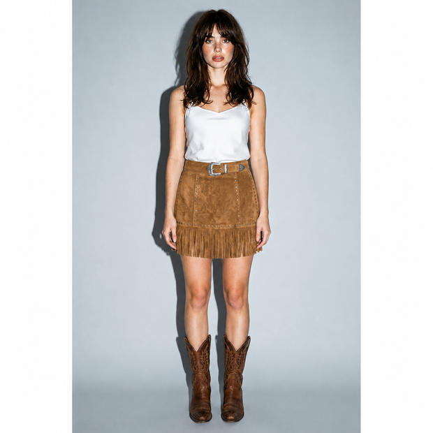Faux Suede Star Fringe Mini Skirt, Camel