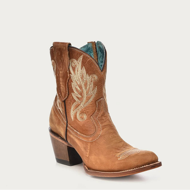 Corral Tan Ankle Boot with White Embroidery