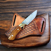 Western Fixed Blade Knife – Handmade Damascus Steel with Rosewood Handle & Leather Sheath