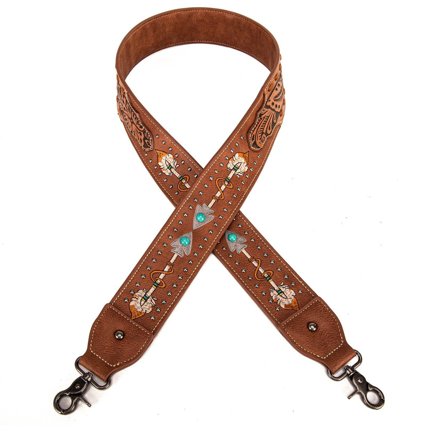 Western Guitar Style Floral Tooled Arrow Crossbody Strap - Brown