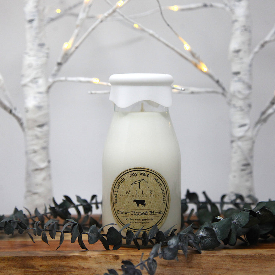 Milk Bottle Candle Snow-Tipped Birch