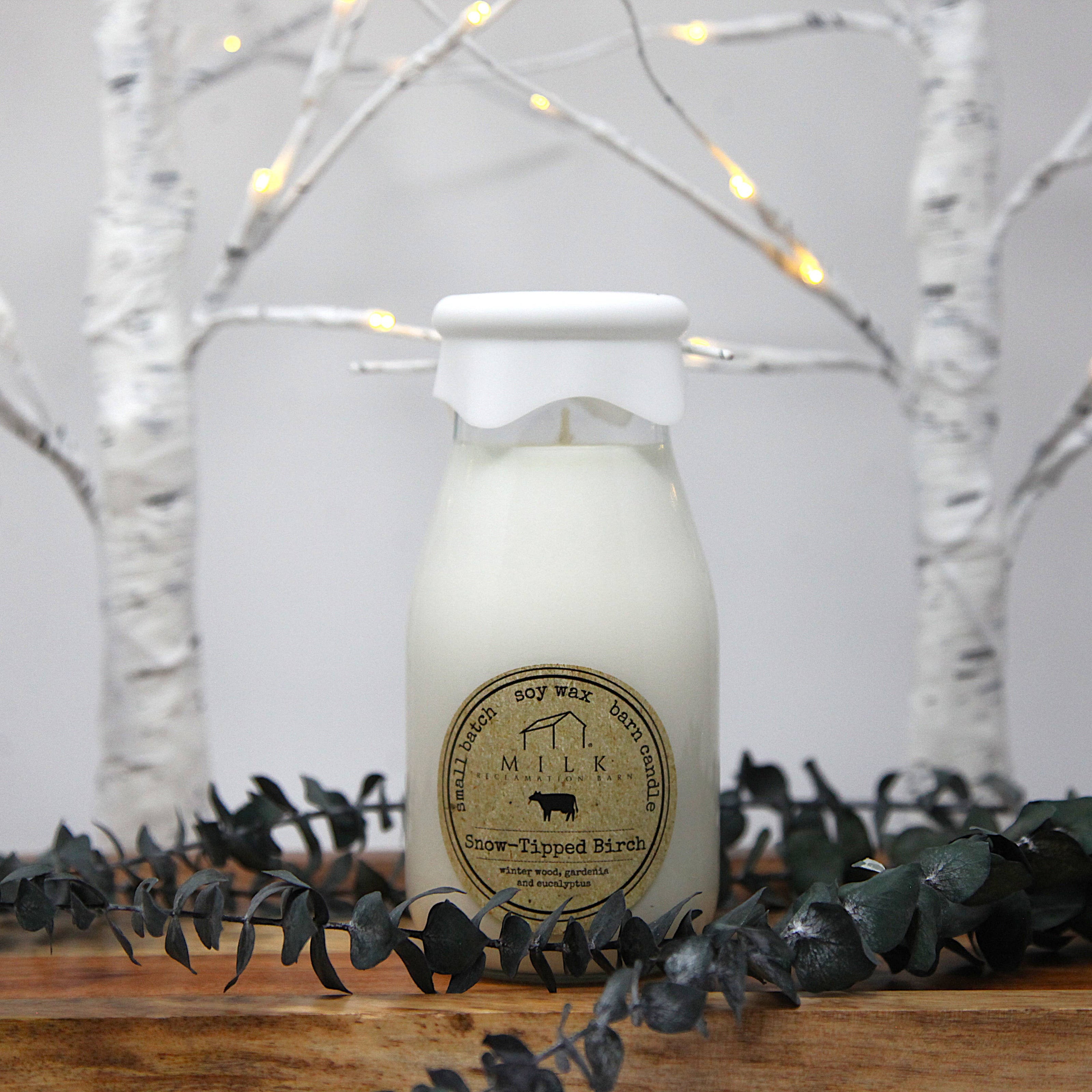 Milk Bottle Candle Snow-Tipped Birch