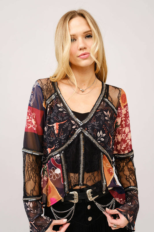 Lace Inset Western Pattern V-Neck Blouse