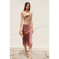 Satin Lace Hem Pencil Skirt, Rose