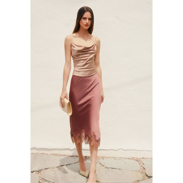 Satin Lace Hem Pencil Skirt, Rose