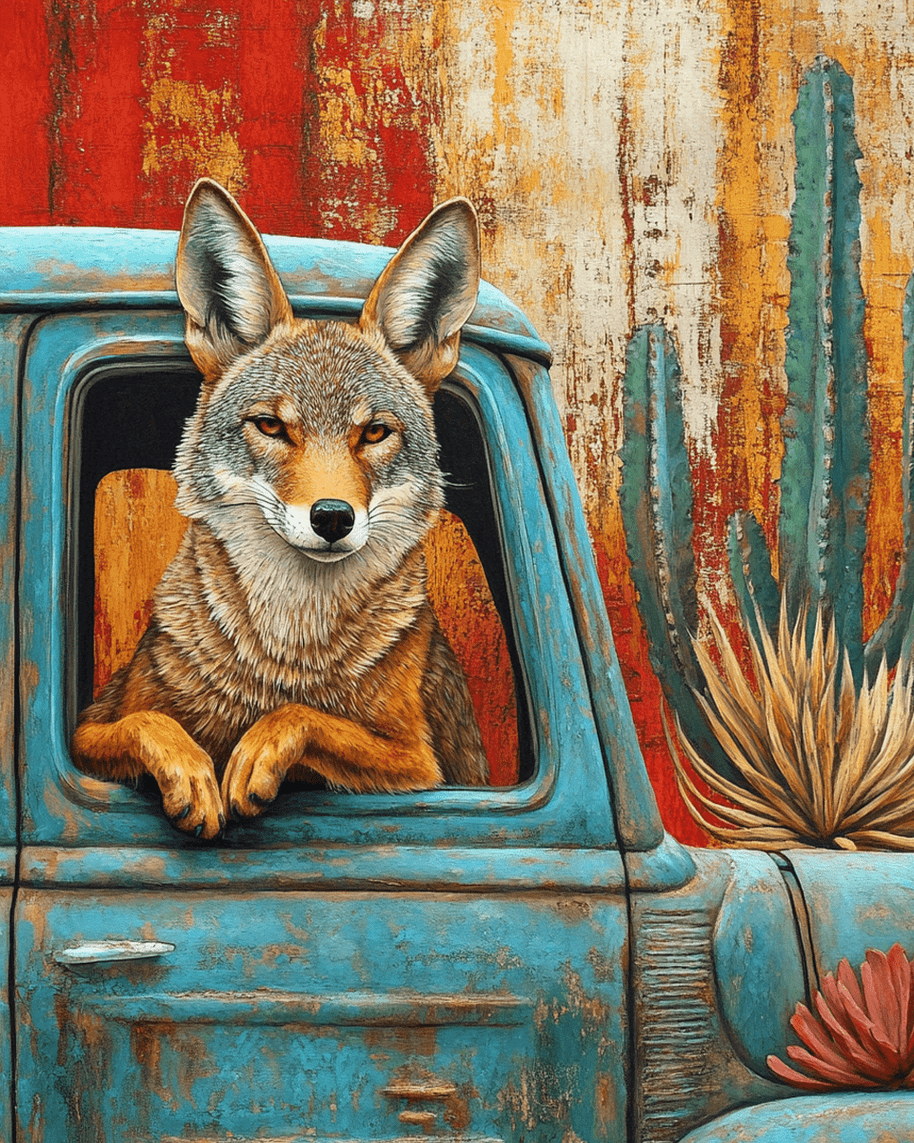 Coyote in Pick-Up Truck Art Print