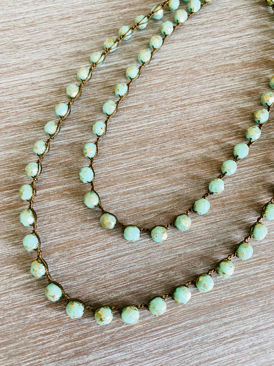 Long Golden Mint Crystal Necklace To Wear Long or Wrapped