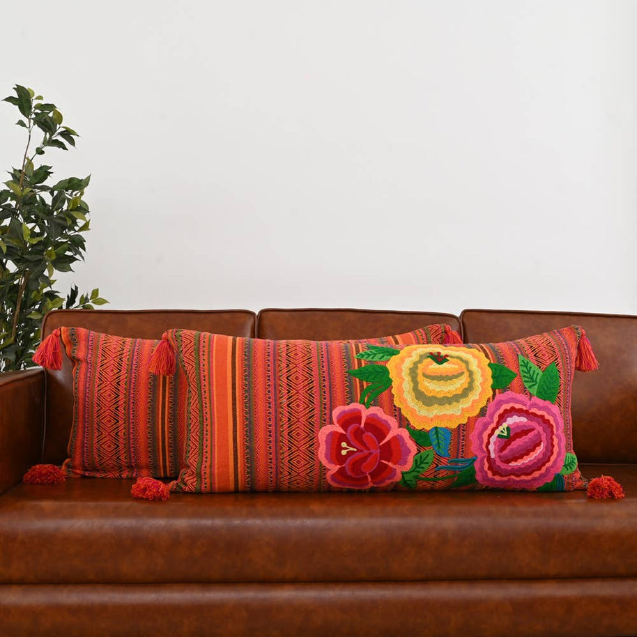 Embroidered Flowers & Stripes Pillow, 36