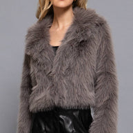 Long Sleeve Notched Collar Faux Fur Cropped Jacket