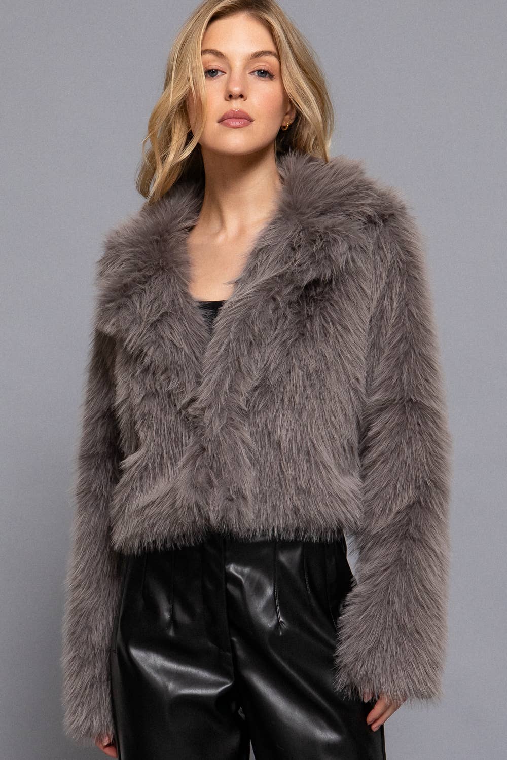 Long Sleeve Notched Collar Faux Fur Cropped Jacket