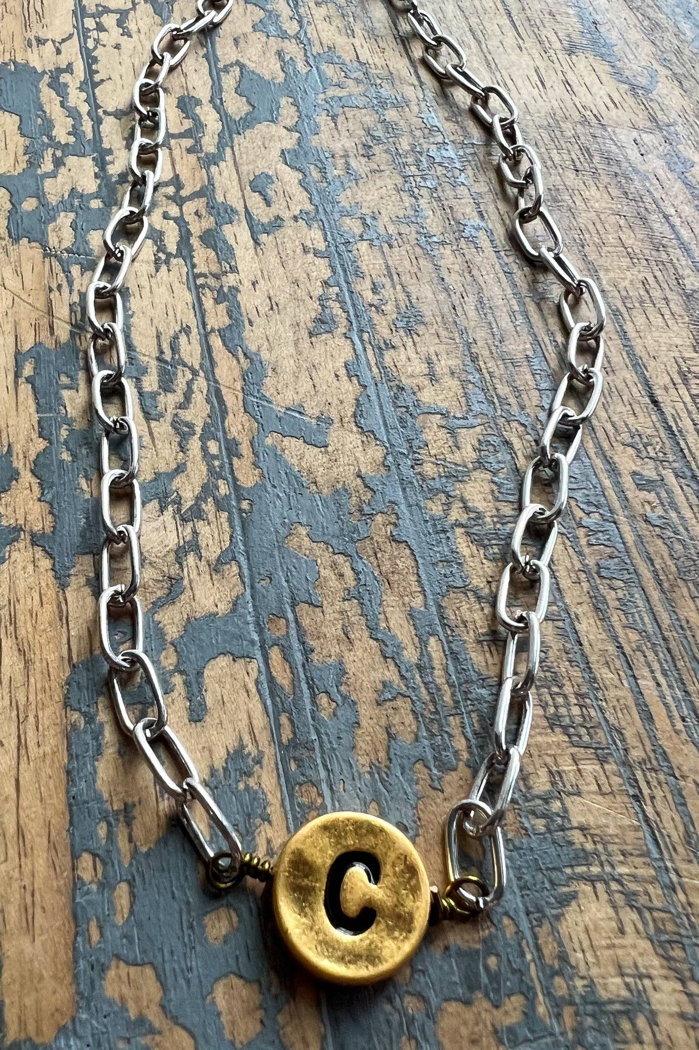 Circle Initial Pendant Necklace TWO TONE