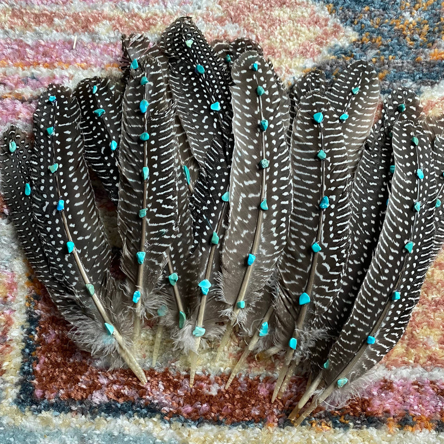 Spotted Guinea Hat Feather with Abalone