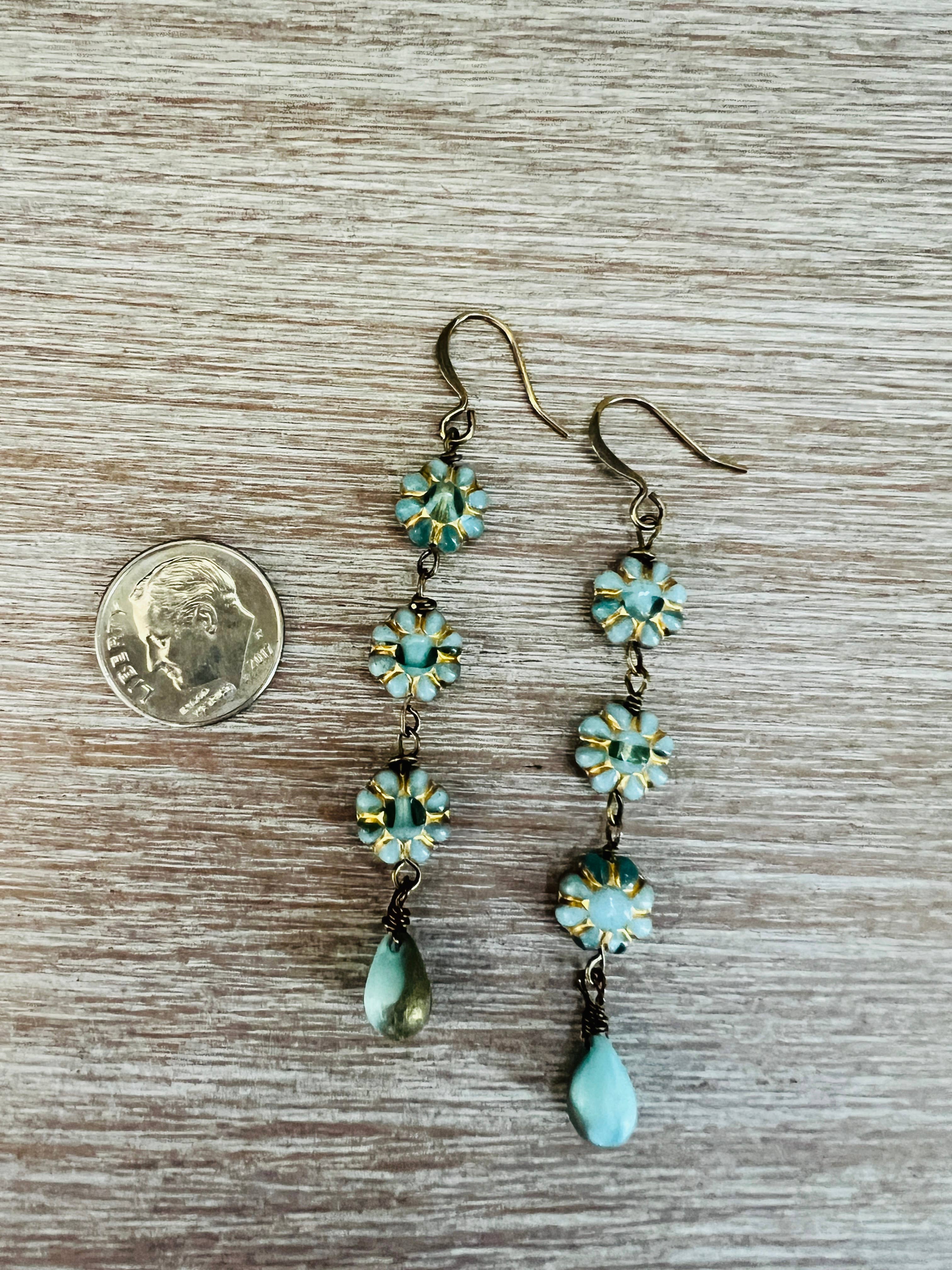 Aqua and Gold French Flower Drop Earrings