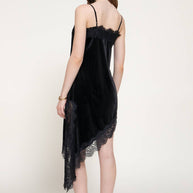 Straight Neck Lace Trim Asymmetrical Velvet Mini Dress