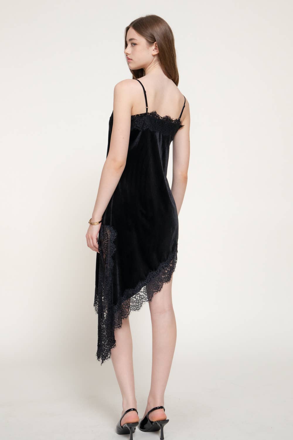 Straight Neck Lace Trim Asymmetrical Velvet Mini Dress