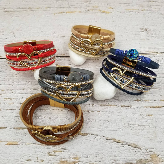 Heart Stacked Leather Magnetic Bracelet: Various colors