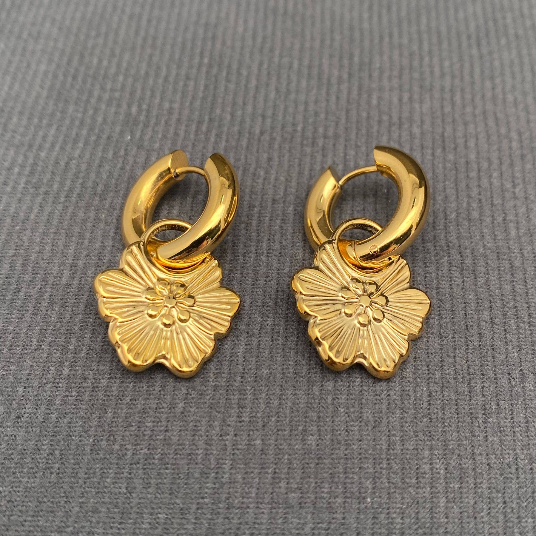 18K GP S. Steel Flower Huggie Earrings