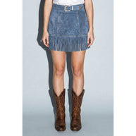 Faux Suede Star Fringe Mini Skirt, Blue