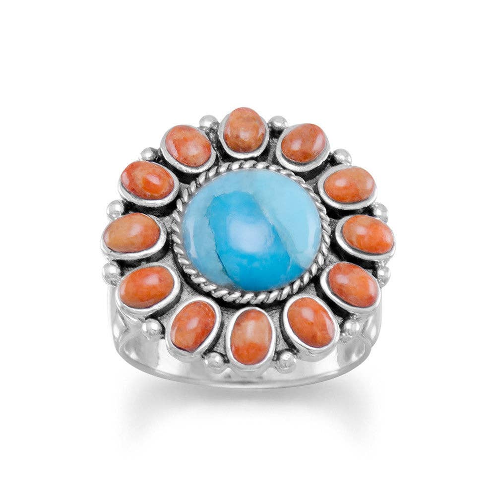 Turquoise and Coral Sterling Sunburst Ring