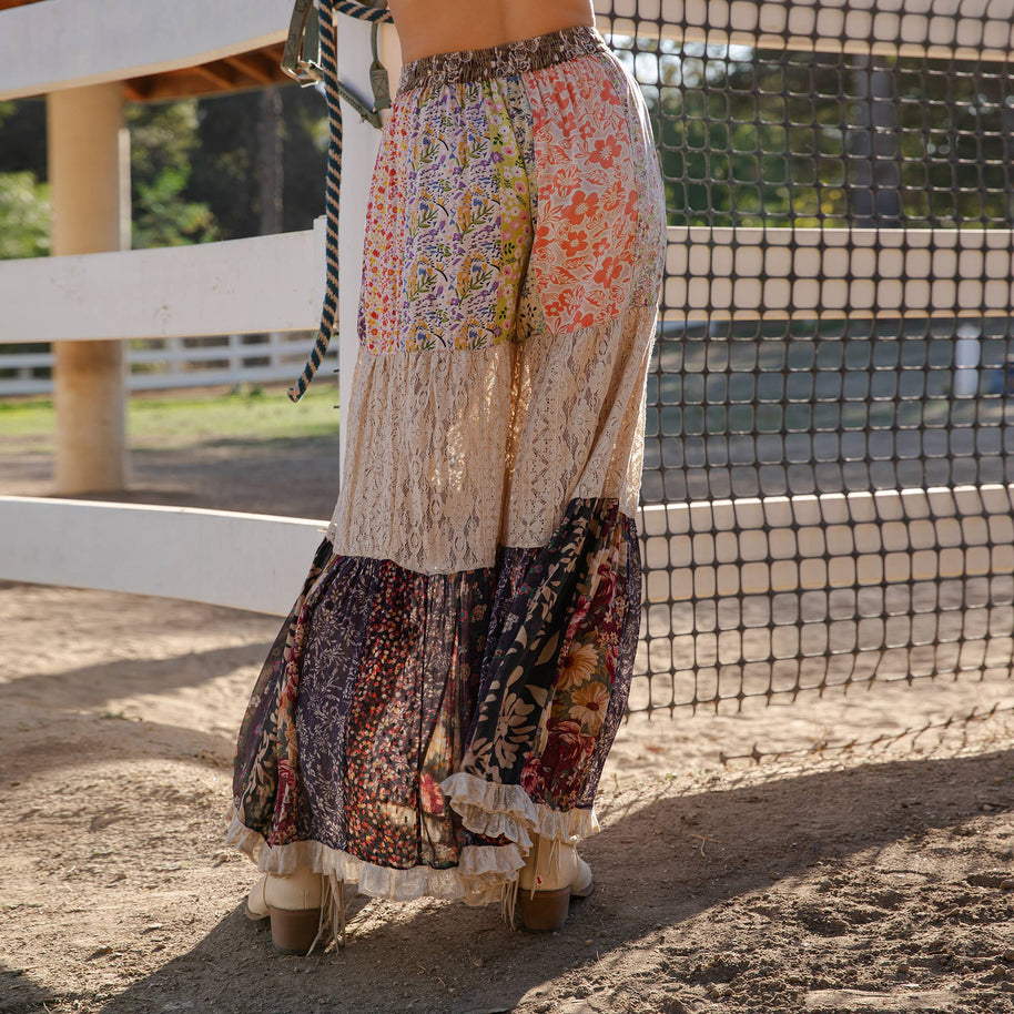 Boho Patchwork Print Tiered Lace Flare Pants (Wide Legs) 