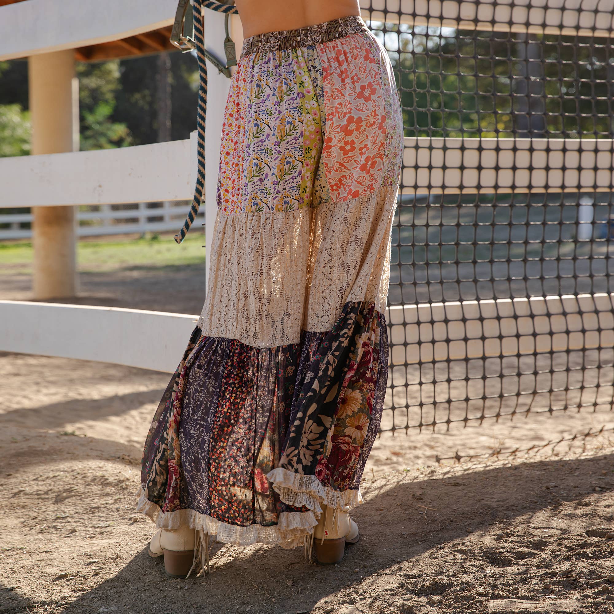 Boho Patchwork Print Tiered Lace Flare Pants (Wide Legs) 