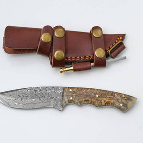 Damascus Knife with Resin, Bone, Pine Cone Handle, Handmade