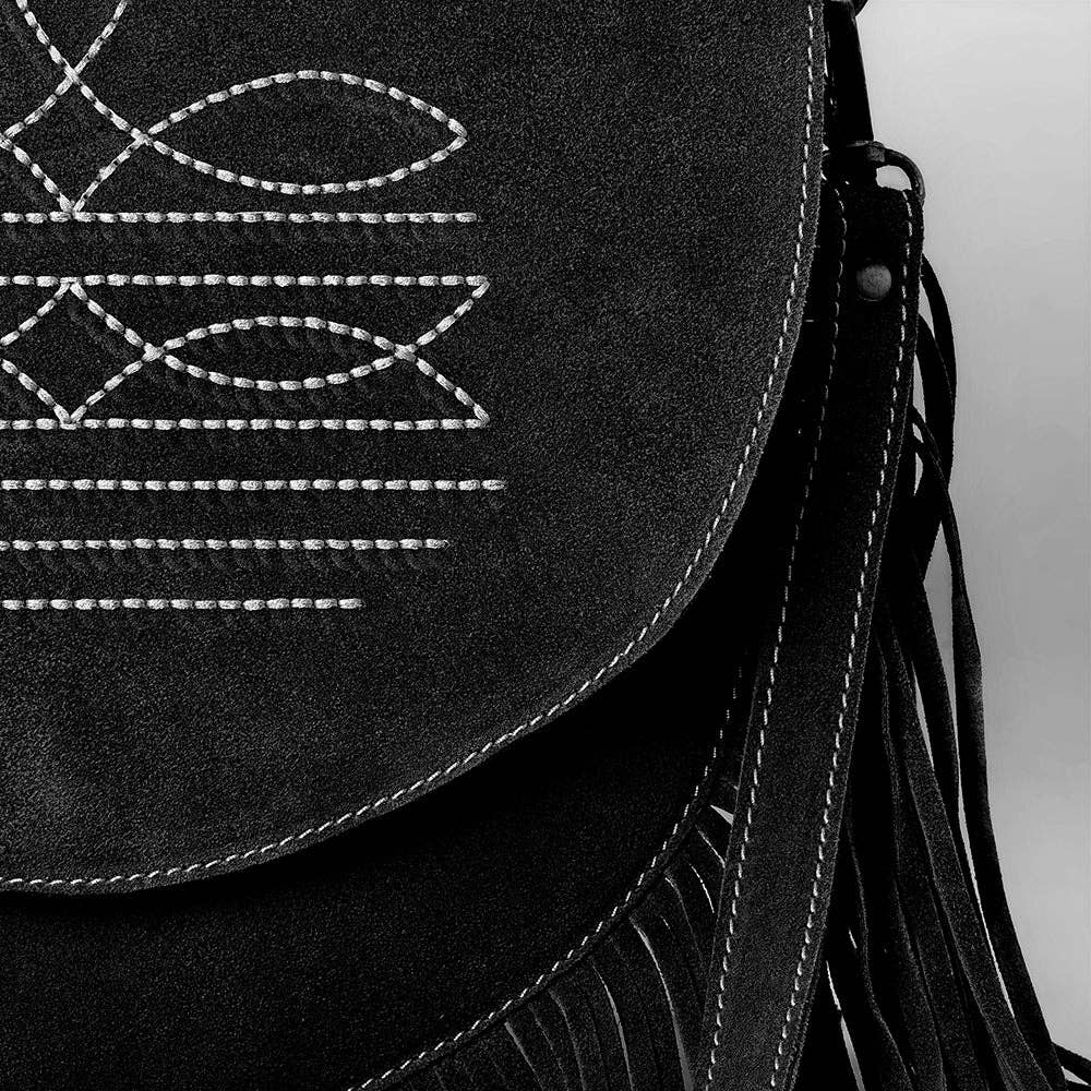 Suede Western Fringe Messenger Bag - White Stitch Design