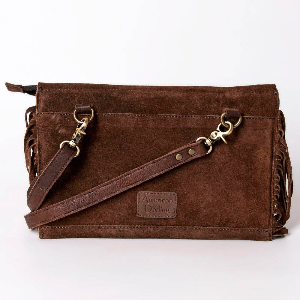 Suede Leather & Fringe Purse Clutch, Espresso