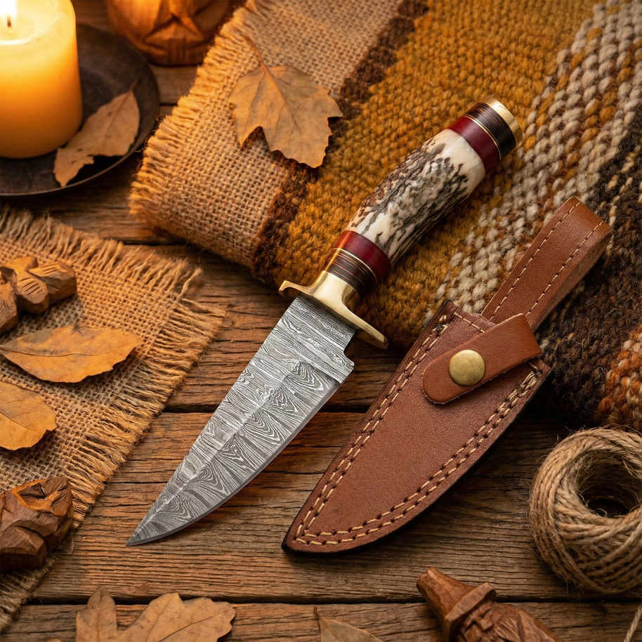 8" Damascus knife with Horn handle
