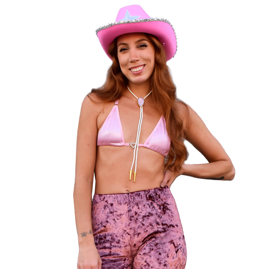 Gemstone Bolo Tie - Pink Opal (Gold)