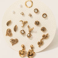 Pearl Hearts And Western Themed Stud Earrings Set