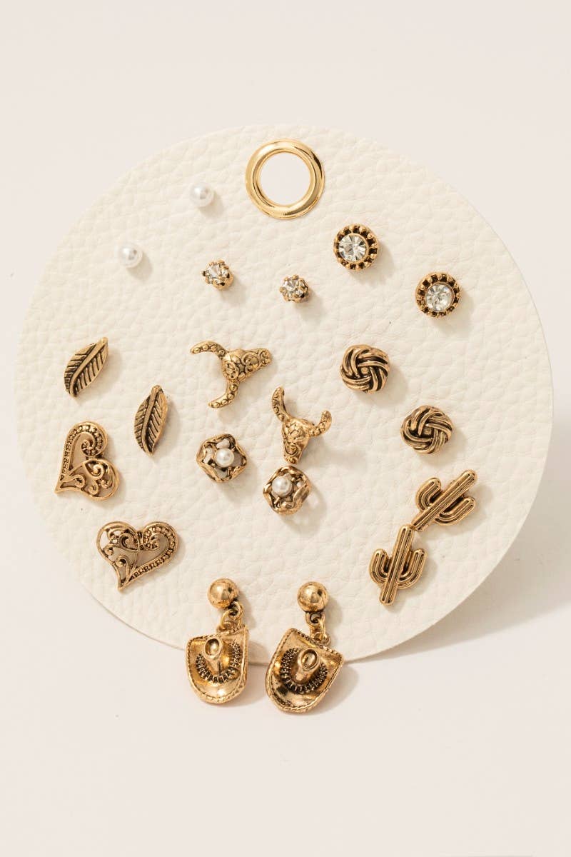Pearl Hearts And Western Themed Stud Earrings Set