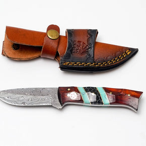 Custom Damascus Steel Drop Point Hunter | Rosewood, Turquoise & Black Honeycomb Handle | Scout Carry TK-489
