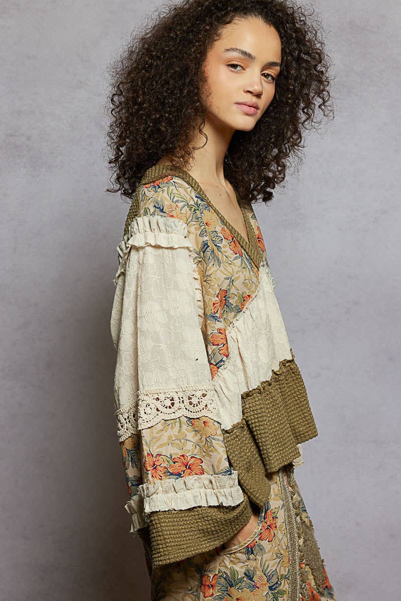 Long sleeve patchwork ruffle top