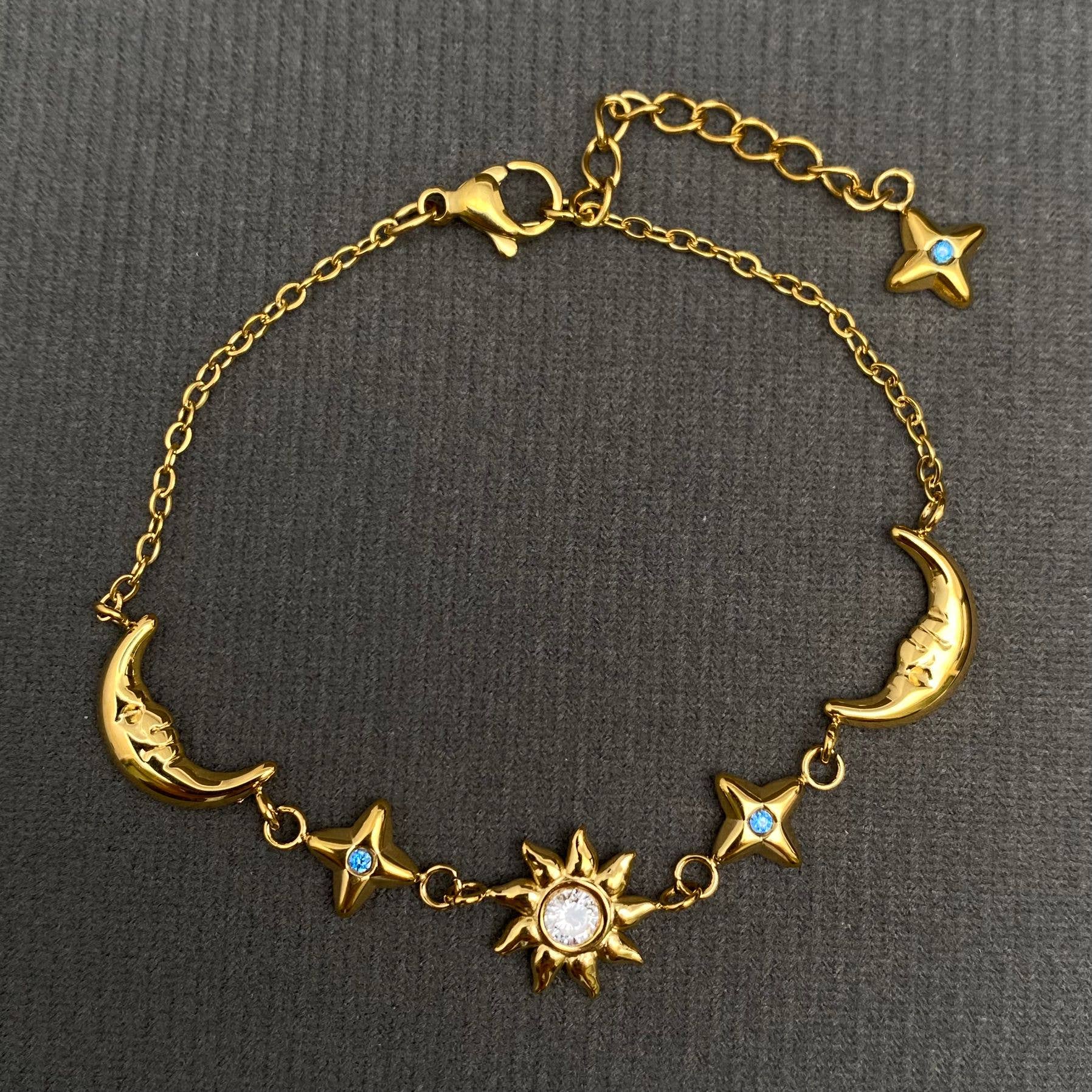 Sun Moon Stars 18K GP S.Steel Bracelet