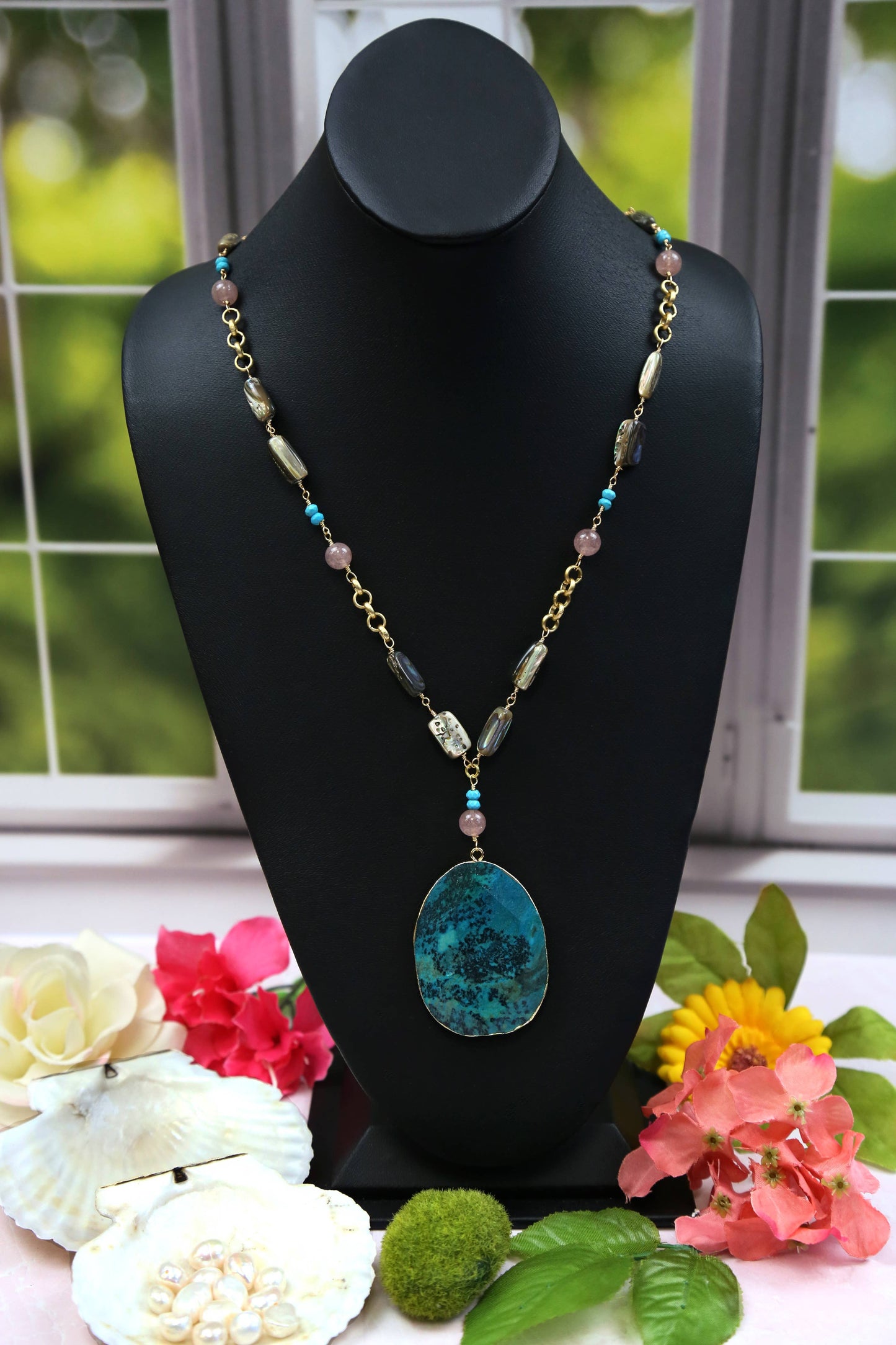 Ocean Jasper With A Abalone Pendant Necklace.