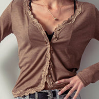 Lace Trim Button-Front Ribbed Knit Top