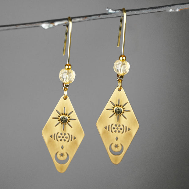 Diamond Shape Moon & Star w/ Stone & Gemstone Long Wire