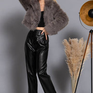 Long Sleeve Notched Collar Faux Fur Cropped Jacket
