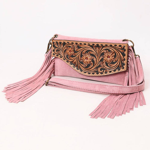 Suede Fringe & Tooled Leather Crossbody, Pink