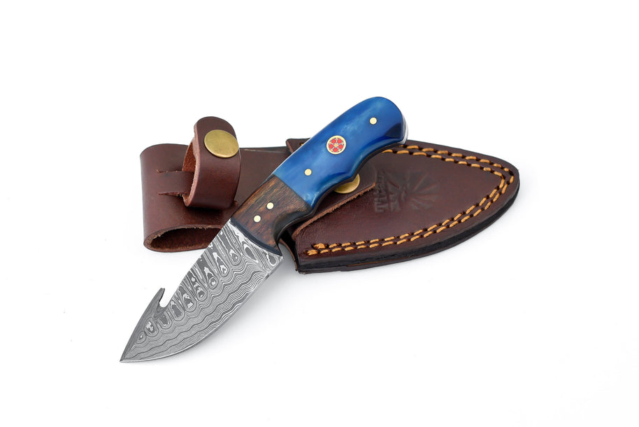 Damascus Skinning gut hook, blue