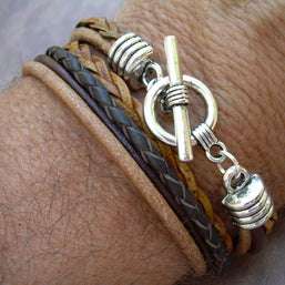 Four Strand Double Wrap Leather Bracelet, Toggle clasp