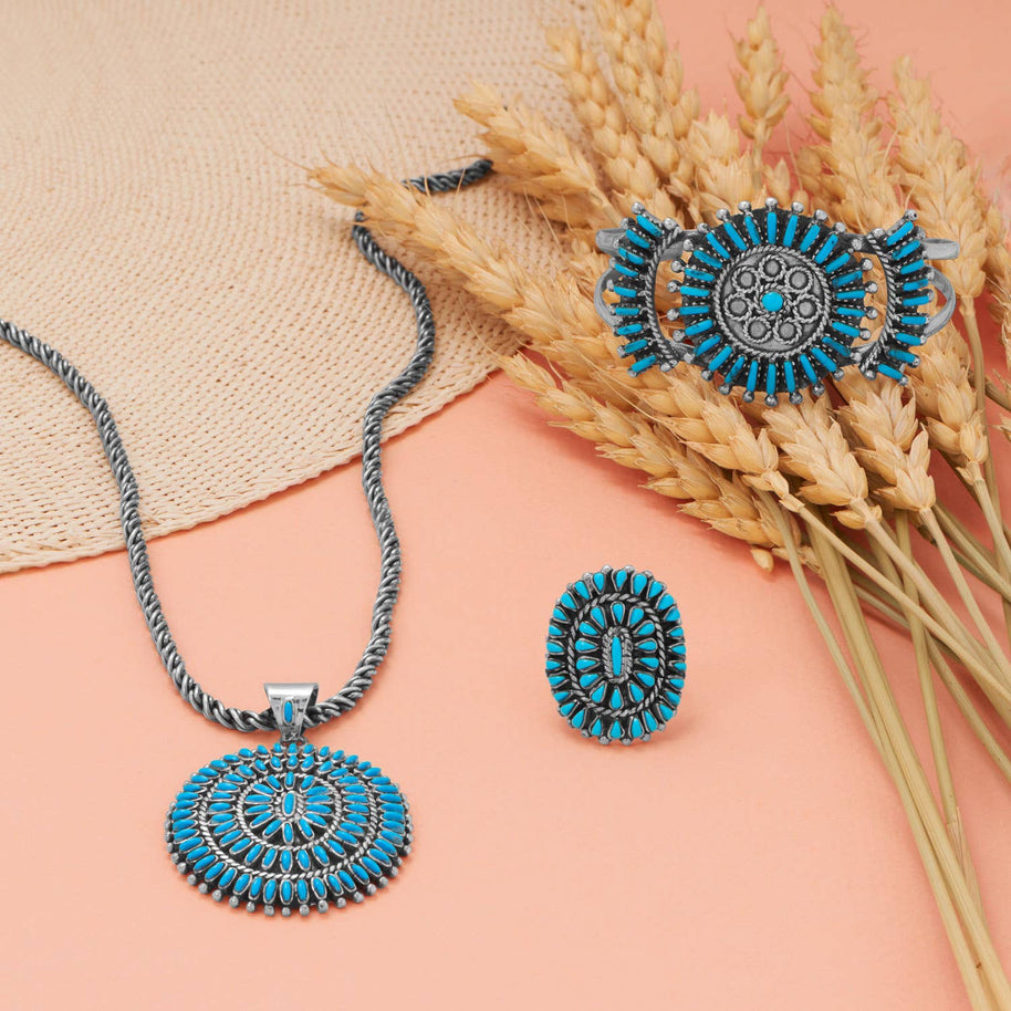 Handmade Sunburst Turquoise Ring Oxidized
