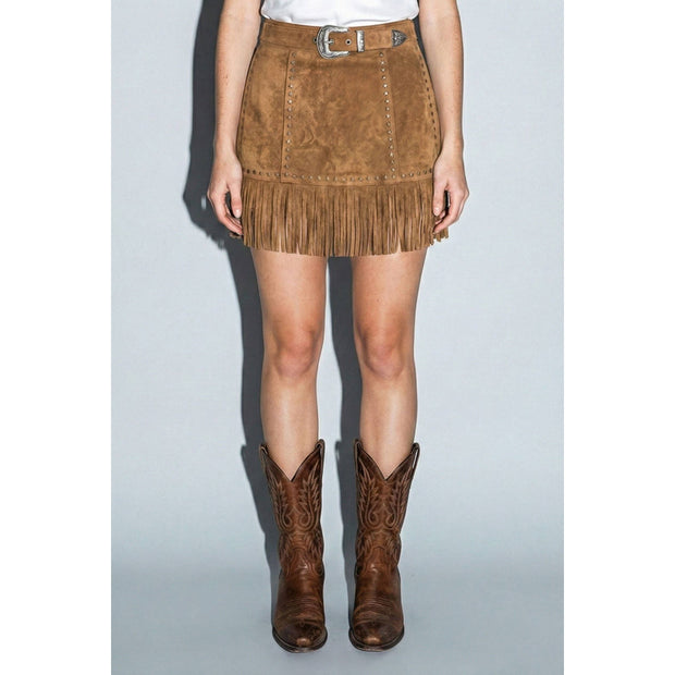 Faux Suede Star Fringe Mini Skirt, Camel