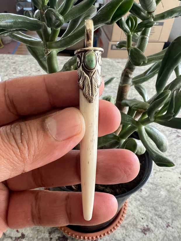 Hand craved bone with turquoise pendant, Tibetan Silver