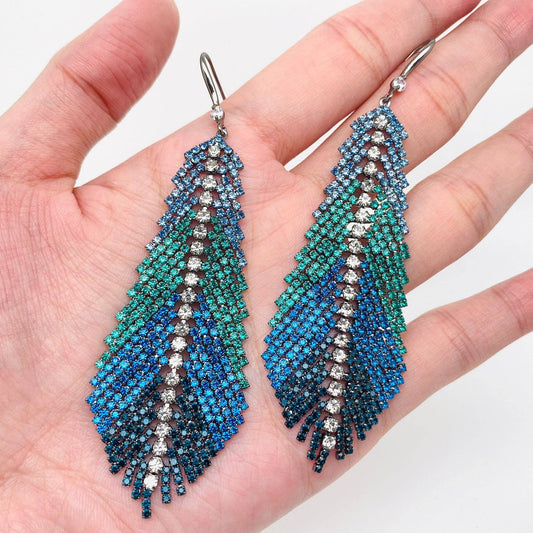 Feather Shape Colored Rhinestone Tassel Dangle Earrings